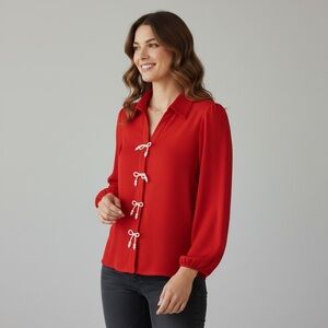 NWT New $79 Adrianna Papell 3/4 Sleeve Pearly Bow Red Blouse Size L